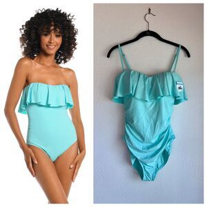 NWT La Blanca Island Goddess Ruffled Bandeau One Piece Swimsuit in Seafoam Sz 8